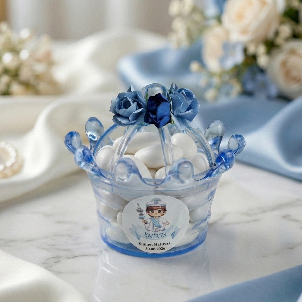 Mavi çiçek süslemeli şeffaf mika kapaklı sünnet ve bebek şekeri sunumluk kutusu