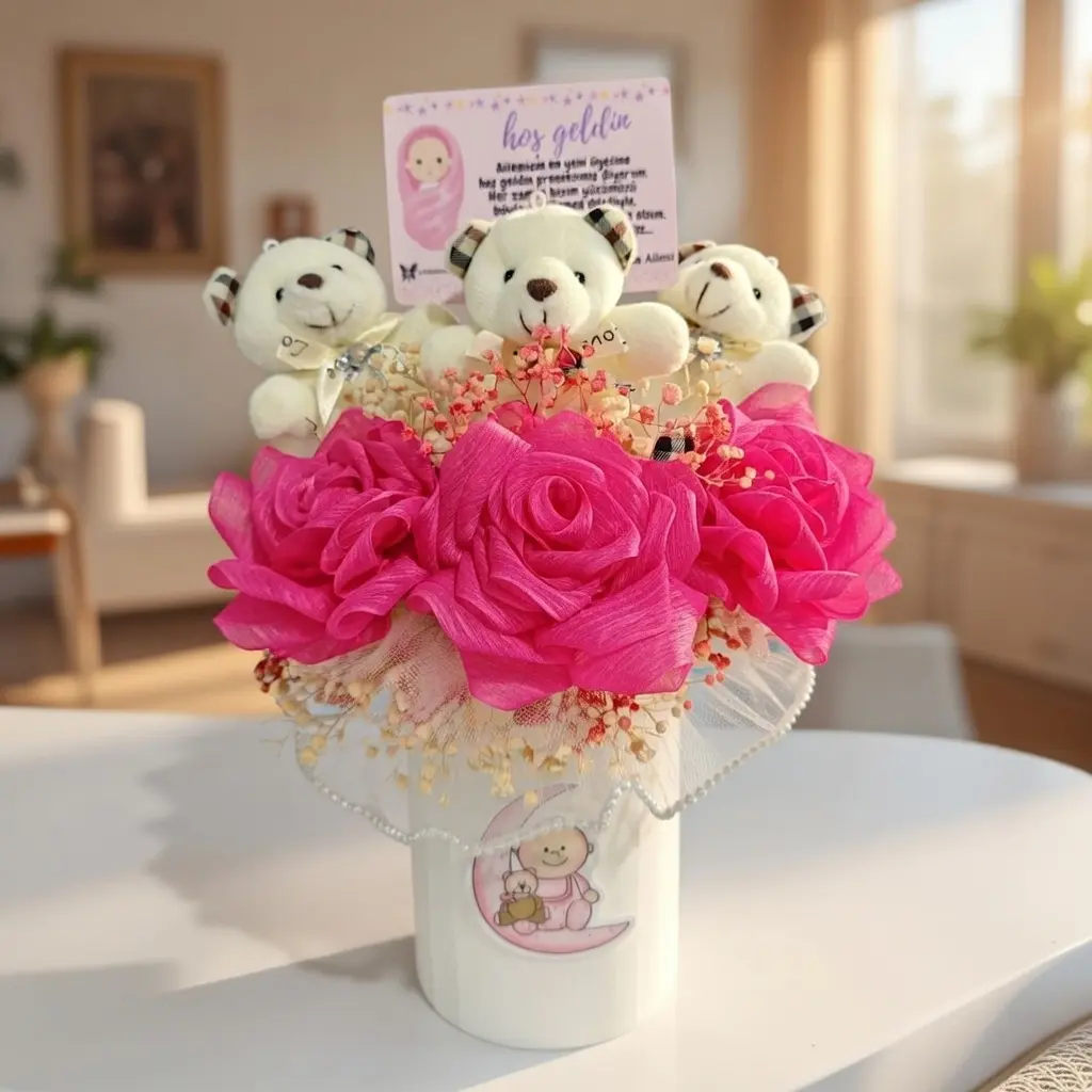 el yapımı fuşya kurdele gül ve üç ayıcıklı kız bebek hediye buketi