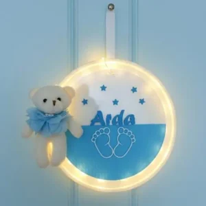 mavi ayicikli ve yildizli isikli erkek bebek kapi susu