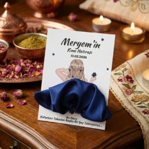 Kına gecesi için isme özel kartlı kırmızı ve lacivert saten toka hediyelik2