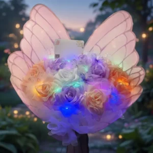 kelebek kanadı tasarımlı pastel renkli ışıklı yapay gül buketi