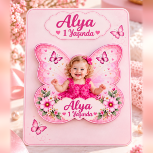 Alya İçin Pembe Kelebek Temalı Fotoğraflı Magnet
